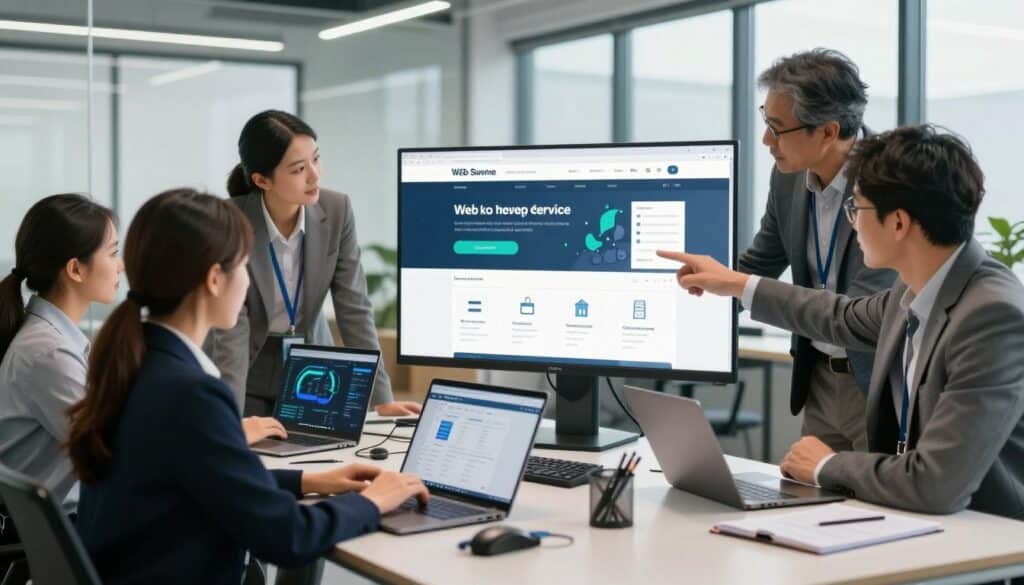 A professional website recovery service scene, showcasing a diverse team of IT experts dressed in business attire, collaborating around a large digital display showing website analytics and recovery processes. In the foreground, a young woman types on a laptop, while a middle-aged man points at the screen. The middle ground features a sleek conference table with technical gadgets and notepads. In the background, a modern office space with large windows allowing natural light to flood in, creating an inviting atmosphere. The overall mood is focused and professional, conveying urgency and expertise in web hosting recovery. Use soft, diffused lighting to illuminate the scene, capturing a clear, high-resolution image with an emphasis on teamwork and technology.