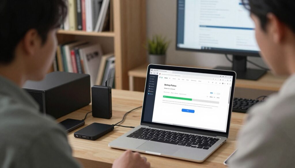 A professional workspace featuring a website backup plugin restoration scenario. In the foreground, a sleek laptop displays a user-friendly dashboard of a backup plugin, showcasing a progress bar indicating restoration. Surrounding the laptop are various digital tools, like external hard drives and server devices, hinting at data retrieval processes. In the middle, a focused individual in modest casual attire is engaged in the restoration task, their face reflecting concentration. The background consists of shelves filled with tech books and a wall-mounted monitor displaying website analytics. Soft, natural lighting illuminates the scene, creating a calm, productive atmosphere. The camera angle is slightly above eye level, offering a comprehensive view of the environment, emphasizing the importance of organized online restoration efforts.