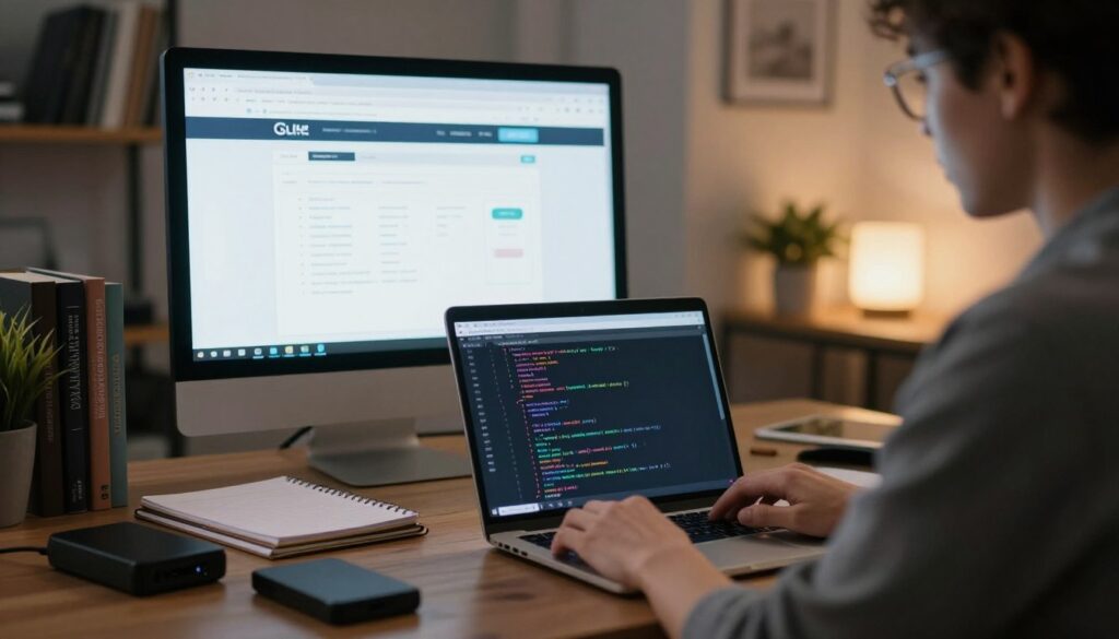 A professional workspace scene depicting a manual website recovery process. In the foreground, a focused individual dressed in smart casual clothing works intently on a laptop, brushing through lines of code, with a notepad and external hard drive beside them. In the middle ground, a large monitor displays a web browser with archived website details, along with backup files visible on the screen. The background features a softly lit office environment, with a shelf of books on programming and technology, and a potted plant adding a touch of warmth. The lighting is soft yet focused, creating an atmosphere of determination and problem-solving, with a shallow depth of field emphasizing the task at hand.