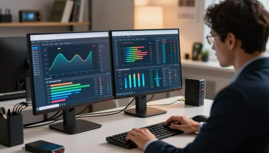 A sleek, modern computer desk setup in a softly lit office environment. In the foreground, a high-tech data recovery software interface is displayed on a large monitor, showcasing a vibrant dashboard with graphs and data recovery progress bars. A professional business person, dressed in smart attire, is intently analyzing the screen, reflecting concentration and urgency. In the middle ground, data cables and external hard drives are neatly organized, hinting at the tools needed for data retrieval. The background features shelves filled with tech books and gadgets, adding a sense of depth. The lighting is warm and inviting, creating a focused yet calm atmosphere, emphasizing the critical nature of data recovery in stressful situations.