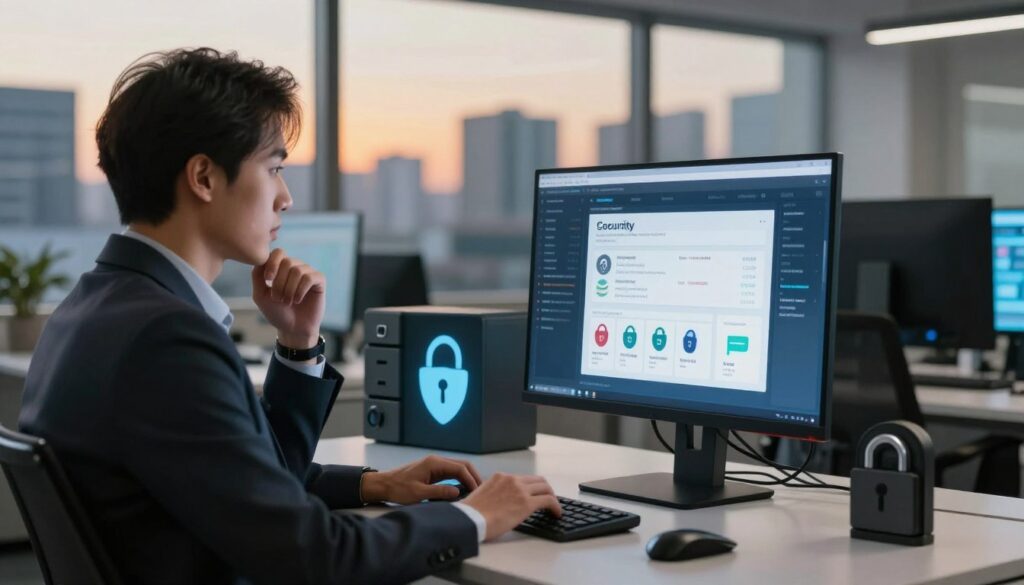 A sleek, modern office environment showcasing a computer screen displaying a cybersecurity dashboard filled with graphs and real-time update notifications. In the foreground, a focused professional in business attire is seated at a desk, thoughtfully reviewing security settings and software update options. The middle ground should depict a well-organized workspace with cybersecurity-themed items, like firewalls and antivirus software icons, subtly integrated. In the background, large windows reveal a cityscape at dusk, with a warm glow filtering in, creating an atmosphere of confidence and vigilance. Soft lighting highlights the professionalism of the setting, while the overall mood conveys a sense of security and proactive readiness in maintaining website safety. A sleek, modern office environment showcasing a computer screen displaying a cybersecurity dashboard filled with graphs and real-time update notifications. In the foreground, a focused professional in business attire is seated at a desk, thoughtfully reviewing security settings and software update options. The middle ground should depict a well-organized workspace with cybersecurity-themed items, like firewalls and antivirus software icons, subtly integrated. In the background, large windows reveal a cityscape at dusk, with a warm glow filtering in, creating an atmosphere of confidence and vigilance. Soft lighting highlights the professionalism of the setting, while the overall mood conveys a sense of security and proactive readiness in maintaining website safety.