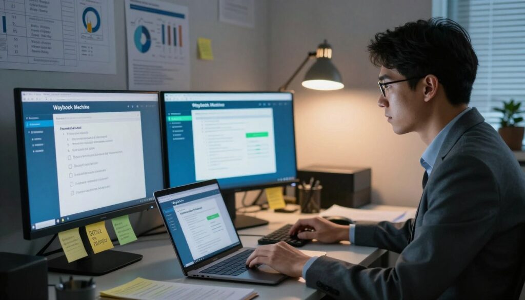 A tech-savvy individual in a professional business attire sits at a desk, surrounded by multiple monitors displaying the Wayback Machine's interface. The foreground features various troubleshooting tools like notes, sticky notes with checklists, and a laptop open to a forum about website backups. In the middle, vibrant blue and green lights from the monitors cast a soft glow, creating a focused but slightly tense atmosphere. The background shows a wall cluttered with charts about data recovery and internet history, suggesting a busy workspace. The scene is illuminated with warm desk lamp lighting, while other lights are dimmed, emphasizing concentration. A slight depth of field effect captures the subject's intense expression, reflecting the challenges of resolving download issues. A tech-savvy individual in a professional business attire sits at a desk, surrounded by multiple monitors displaying the Wayback Machine's interface. The foreground features various troubleshooting tools like notes, sticky notes with checklists, and a laptop open to a forum about website backups. In the middle, vibrant blue and green lights from the monitors cast a soft glow, creating a focused but slightly tense atmosphere. The background shows a wall cluttered with charts about data recovery and internet history, suggesting a busy workspace. The scene is illuminated with warm desk lamp lighting, while other lights are dimmed, emphasizing concentration. A slight depth of field effect captures the subject's intense expression, reflecting the challenges of resolving download issues.