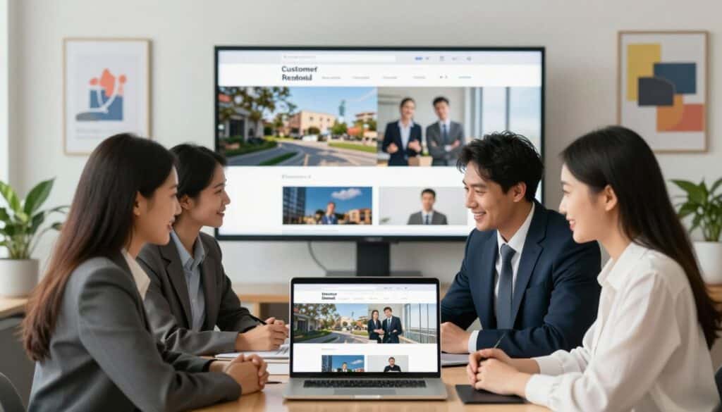 A vibrant, engaging customer testimonials website recovery scene. In the foreground, a group of three professionals in business attire - a woman in a smart blazer, a man in a neat suit and tie, and another woman in a stylish blouse - are gathered around a laptop displaying a restored website. The middle ground features a large screen showcasing before and after snapshots of a website, illustrating the recovery process. In the background, a modern office space with bright lighting, motivational posters on the walls, and plants in the corners, conveys a positive and collaborative atmosphere. The mood is optimistic and inspiring, emphasizing teamwork and success. Use soft, natural lighting and a wide-angle lens to capture details clearly.