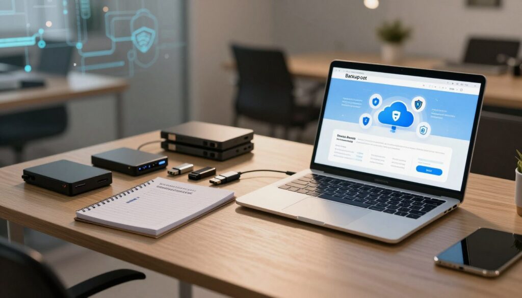 A visually compelling image representing a website backup strategy, focusing on a digital workspace. In the foreground, a sleek laptop displays a dynamic graph of backup data with icons of cloud storage and security shields. The middle ground features a tidy desk with external hard drives, USB sticks, and a notepad filled with backup plans, all neatly organized. The background reveals a soft-lit office environment, with abstract data patterns adorning the walls, symbolizing security and technology. The scene is illuminated with warm, ambient lighting, conveying a professional and innovative atmosphere. A wide-angle perspective captures the essence of digital preparedness and strategic planning for enhancing future website security.